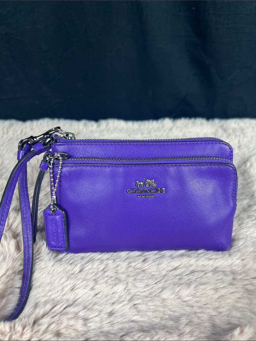 Coach Double Zip Wristlet Purple Smooth Leather Gunmetal Hardware